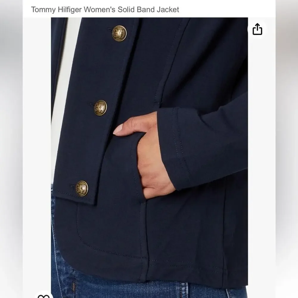 Tommy Hilfiger Military Jacket Navy Gold Button Cropped Blazer Size M